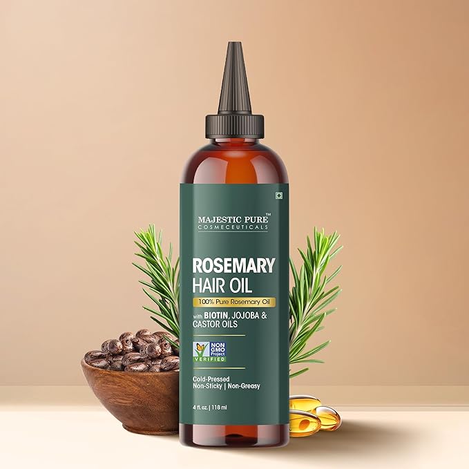 Majestic Pure 100% Pure Rosemary Oil for Hair Growth - Strengthening, Nourishing, Volumizing - Infused with Biotin Oil, Jojoba Oil & Castor Oil - Non GMO Verified - 4 Fl Oz - With Applicator