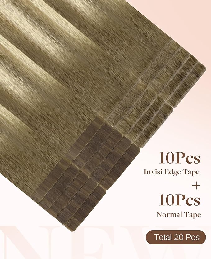 GOO GOO Invisi Edge Tape in Hair Extensions Human Hair, 9/60 Balayage Ash Brown to Platinum Blonde 10pcs injected with 10pcs classical tape ins, 14inch 50g, Virgin Remy Hair, Natural Look