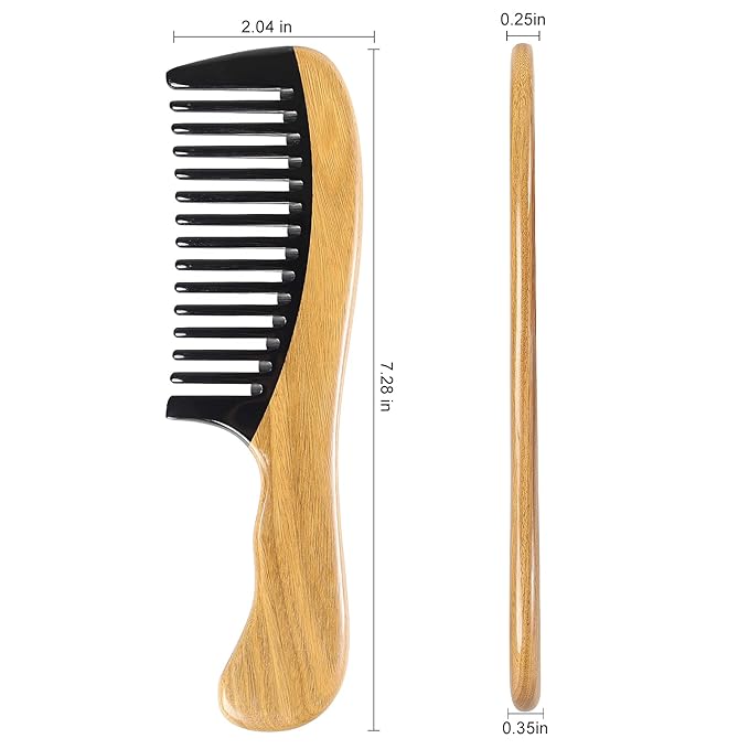 Onedor Handmade Green Sandalwood Buffalo Horn Wide Tooth Hair Combs - Anti-Static Scented Wooden Detangler Combs