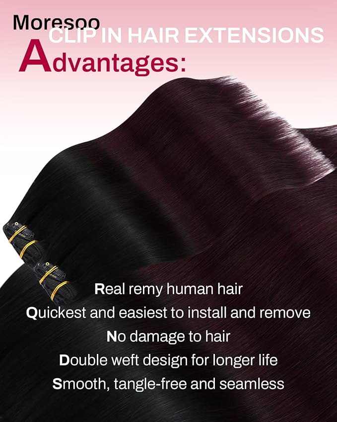 Moresoo Wine Red Hair Extensions Real Human Hair Clip ins Ombre Black to Burgundy Clip in Human Hair Extensions Short Balayage Black to Dark Red Double Weft for Women Straight 80g/5pcs 12 inch