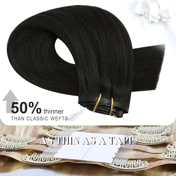 Moresoo Seamless Hair Extensions Clip in Black Clip in Extensions Real Human Hair Black Natural #1B Pure Skin Invisible for Women Long 120g/7pcs 16in