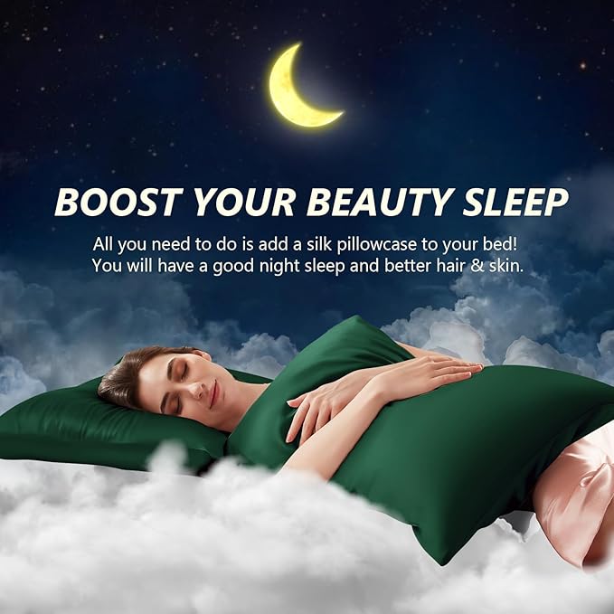 Silk Pillow Cases Queen Size 100% Mulberry Silk Pillowcase for Hair and Skin 22 Momme Both Side Grade 6A Silk Cooling Soft Breathable 20 x 30 Inches with Hidden Zipper 1PC, Green