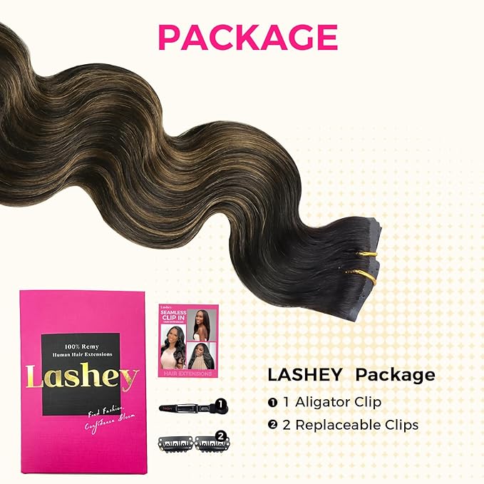 Lashey Seamless Clip in Hair Extensions Human Hair 130g 9pcs 14 Inch Body Wave Natural Black Mixed Chestnut Brown Clip in Hair Extensions for Women