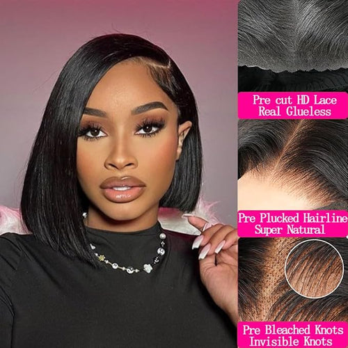 10 Inch Glueless wig human hair 180% Density Bob wig human hair 4x6 HD Transparent Lace Front Wigs human hair Glueless wigs human hair pre plucked pre cut for Women