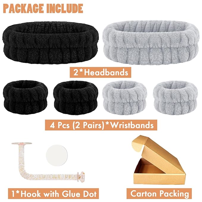 Face Wash Headband and Wristband Set - Microfiber Wrist Towels with Holder for Face Washing and Spa, Absorbent Scrunchies