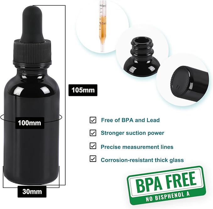 24 Pack,1oz Glass Dropper Bottle,Black Tincture Bottles with Dropper,Pretty Finish for All Kinds of Liquids,Oil Bottles for Hair- Stronger Suction ideal for Leakproof Travel