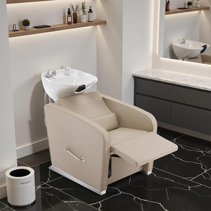 BarberPub Backwash Shampoo Station Chair, Adjustable Porcelain Ceramic Hair Wash Bowl Sink Unit Station, Reclining Shampoo Station Chair for Spa Beauty Salon Hair Salon Equipment 9303 (Beige)