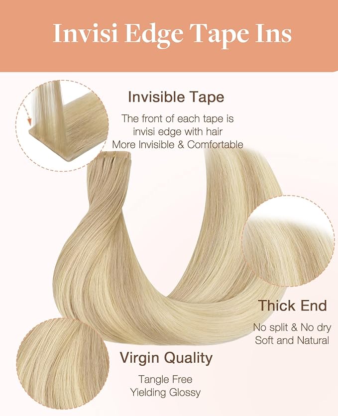 GOO GOO Invisi Edge Tape in Hair Extensions Human Hair, 18ET90A Natural Blonde Balayage, 6pcs 22inch 18g, Virgin Remy Hair, Seamless Injected Tape, Natural Look
