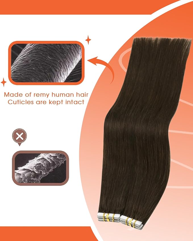 Sunny Hair Tape in Hair Extensions Real Human Hair Invisible Remy Hair Extensions Tape ins for Women Dark Brown 24 inch 25G
