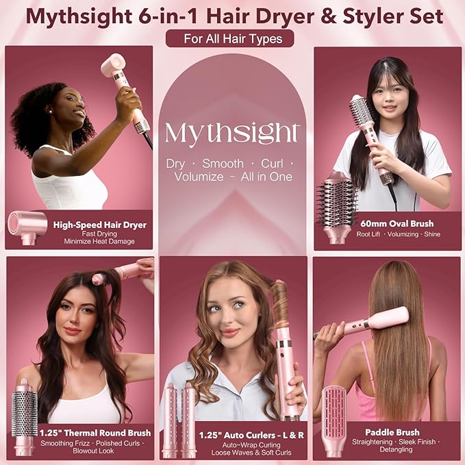 StyleVibe 6-in-1 Air Styler, Hair Dryer & Blow Dryer Brush with Auto-Wrap Curl L/R, Fast Drying, Smooth Blowouts, Root-Lift Volume, No Heat Damage Frizz-Free Thermal Brush, Gifts for Women