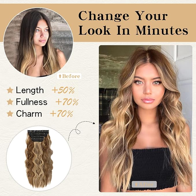 Clip in Hair Extensions, 20 Inch Caramel Brown Mixed Golden Blonde, 4PCS Long Wavy Clip Ins Synthetic Fiber Curly Hair Extensions Full Head Thick Hairpieces