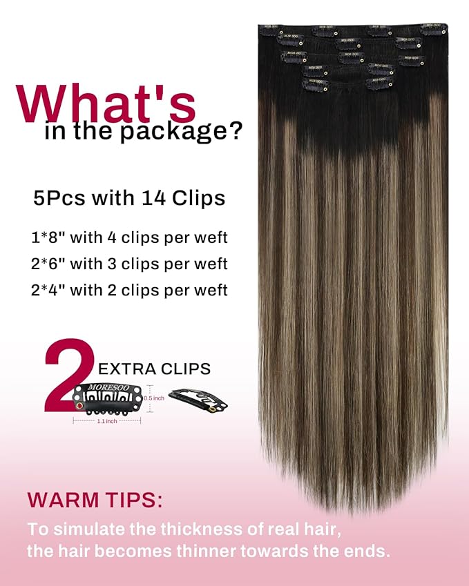 Moresoo Clip in Hair Extensions Real Human Hair Balayage Black to Brown with Dark Blonde 5pcs 80g Remy Straight Invisible Lace Double Weft Ombre Human Hair Clip in Extensions 16inch