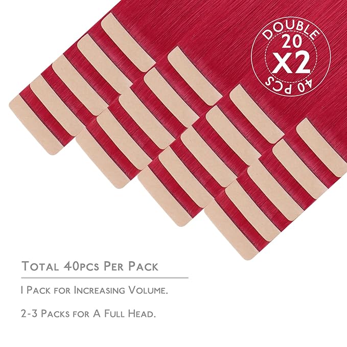 WENNALIFE Tape in Hair Extensions, 40pcs 60g 10 Inch Red Human Hair Straight Invisible Reusable Real Extensions