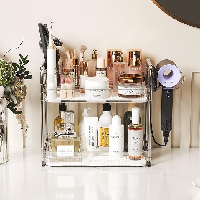 Bathroom Countertop Organizer,Makeup Counter Organizer With Hair Dryer Holder,Compatible with Dyson Blow Dryer,Electric Toothbrush And Toothpaste Holder,2-Tier Detachable Design,Transparent