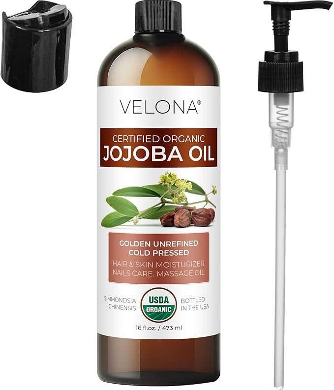 velona Jojoba Oil USDA Certified Organic - 16 fl oz (With Pump) | 100% Pure and Natural | Golden, Unrefined, Cold Pressed, Hexane Free | Moisturizing Face, Hair, Body, Skin Care