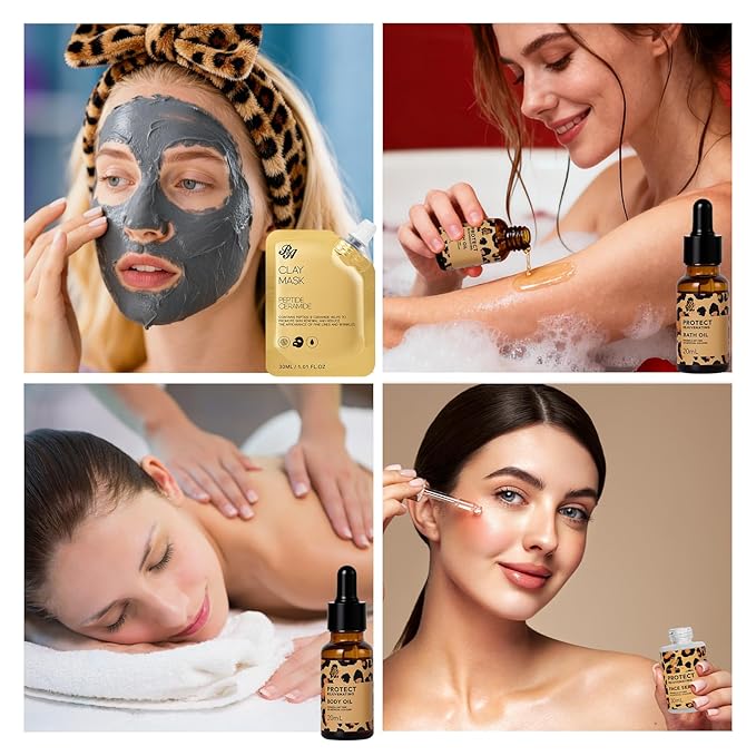 Leopard 23 Pcs Skin Care Set for Women, Bath and Body Set, Spa Gift Baskets, Birthday Gifts, Day Cream, Peptide Serum, Bath Oil, Sheet Mask, Clay Mask, Bath Bombs, Christmas, Valentines, Mother Day