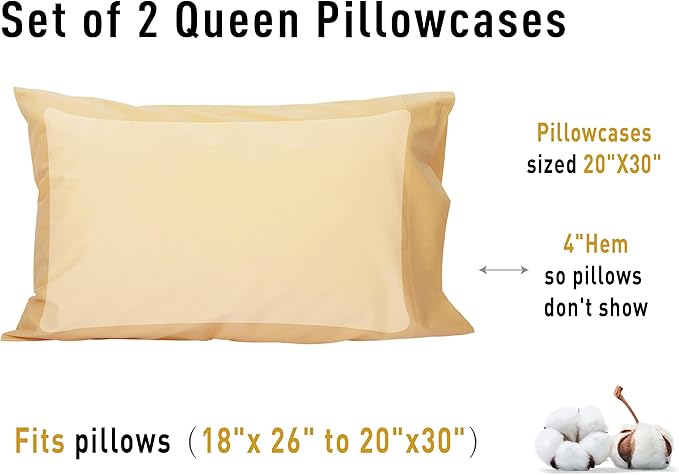 Sunflower Queen Pillowcases Set of 2, 100% Cotton Queen Size Pillow Cases 2, 20×30 inches Desert Mist, Soft and Breathable