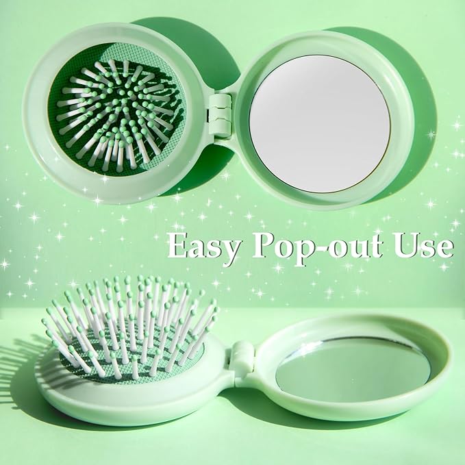 Travel Hair Brush and Mirror Como, Compact Mirror with Mini Hair Brush Set, Folding Hairbrush for Women, Small Hair Comb with Mirror for Purse, Round Green 1 Pack and Peach Green 1 Pack