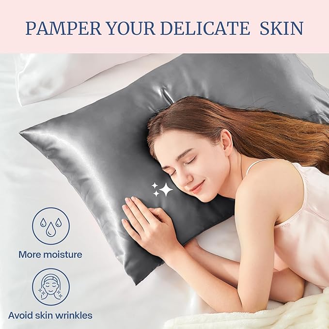 BEDELITE Satin Pillowcase for Hair and Skin, Super Soft and Cooling Similar to Silk Pillow Cases 2 Pack with Envelope Closure, Gift for Women Men(20"x30" Queen Size, Dark Grey)