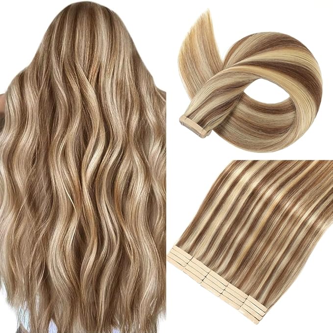 Tape in Hair Extensions Human Hair Chestnut Brown Highlighted Bleach Blonde 22 Inch 20Pcs Tape Ins for Women Straight Invisible Seamless Remy