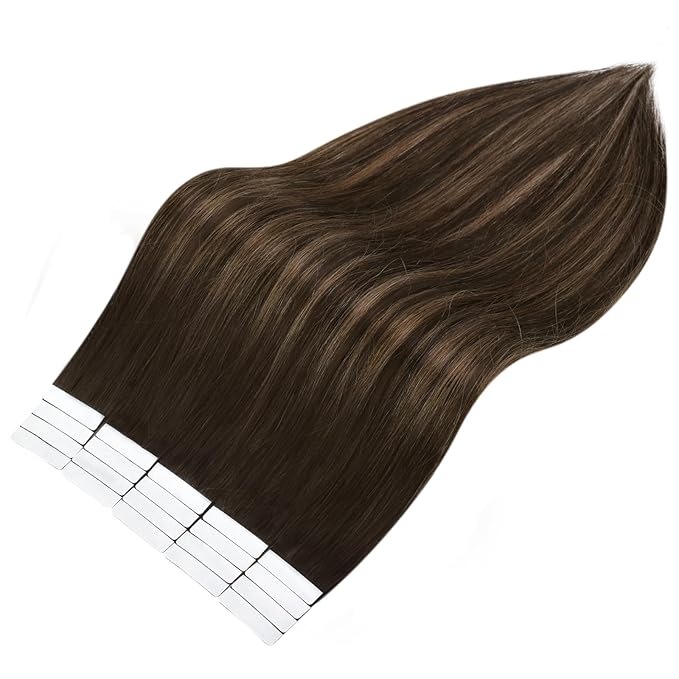Full Shine Tape in Hair Extensions 16 Inch Invisible Tape Extensions Human Hair Color 2 Brown Fading to 8 Ash Brown and 2 Remy Hair Extensions Tape ins 50 Gram 20 Pcs Double Sided for Women