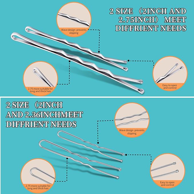 Teenitor 300pcs Silver Bobby Pins Hair Pins Kit, 100pcs Bobby Pins 100 Hair Pins for Women for Buns, 100pcs Hair Bands, 2" 2.36", Silver Bobb y Pins for Gray Hair 2" 2.75"