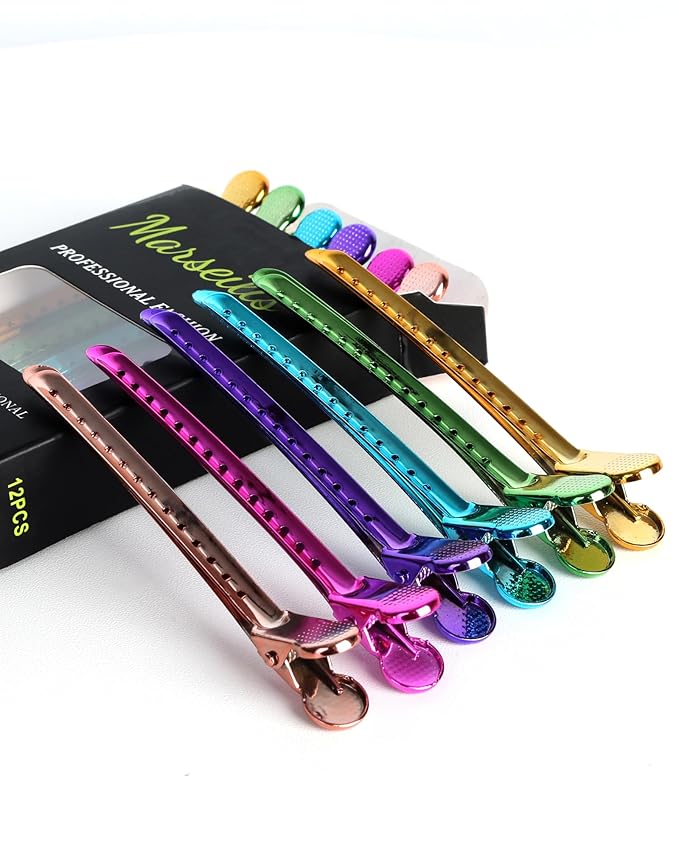 Professional Hair Clips for Styling Sectioning 12 pcs Anti-Slip No-Trace Duck Billed Hair Clips Rustproof Metal Alligator Curl Clips for Salon & Makeup,Mix color