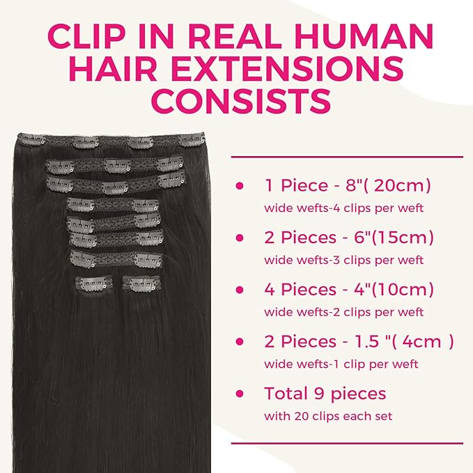 Lashey Clip in Hair Extensions Real Human Hair 9pcs 150g 18 Inch Natual Black Straight Full Pack Remy Hair Clip ins for Women