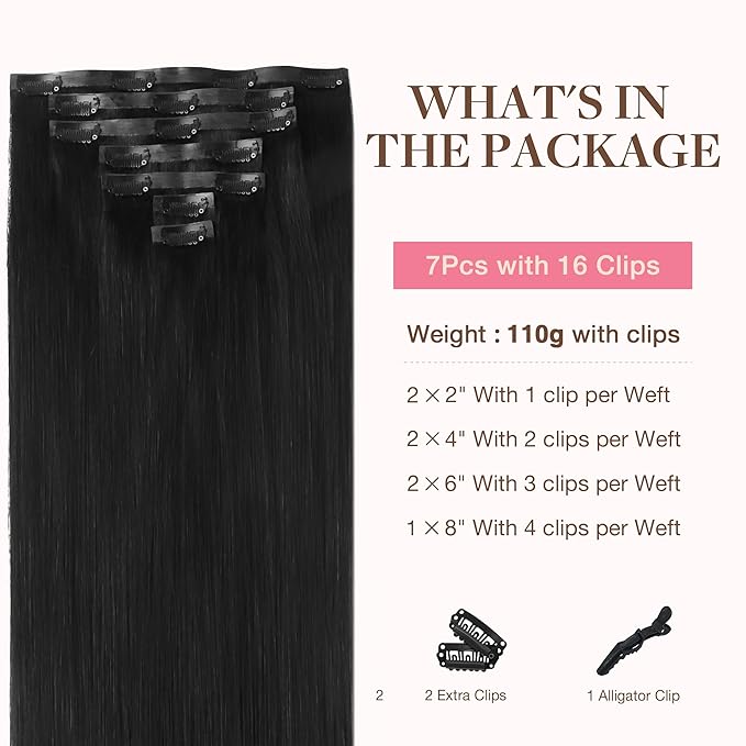 GOO GOO Clip in Hair Extensions Real Human Hair, Remy Human Hair Extensions Clip ins for Women, Natural Human Hair, 22inch 110g 7Pcs, 1B Natural black