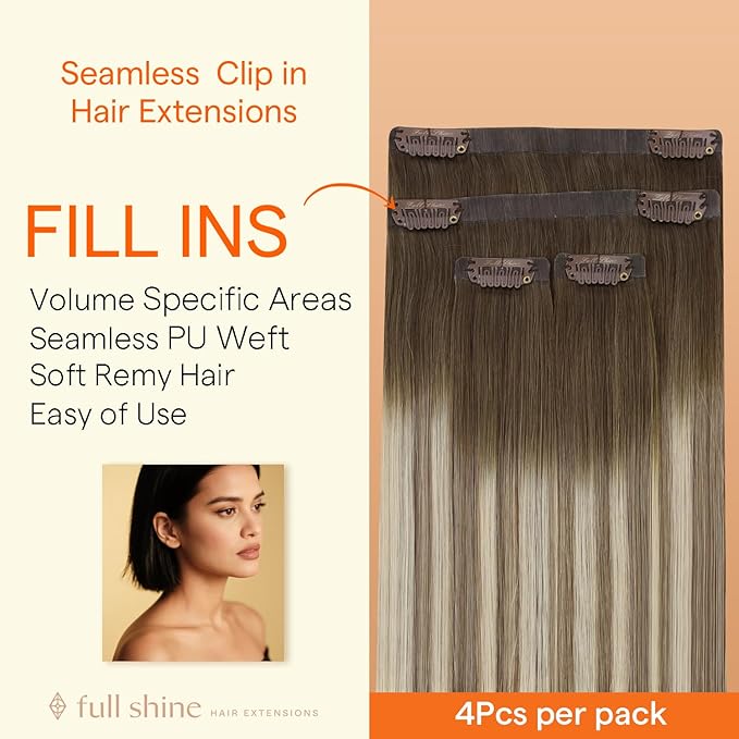 Full Shine Seamless Clip in Hair Extensions Real Human Hair, 18Inch Balayage Brown to Ash Brown Highlight Medium Blonde Clip in Hair Extension with PU Weft for Women, 4Pcs 85g