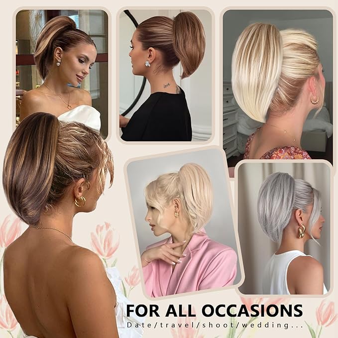 Claw Clip Ponytail Extension - 10 Inch Short Ponytail Extension, Straight Pony Tails Hair Extensions, Synthetic Hair Extensions Ponytail, Clip On Ponytails for Women (Light Brown with Golden Ends)