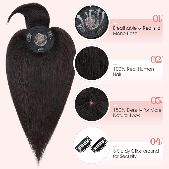 Hairro Mono Hair Toppers with Bangs, 3.4" x 3.4" Mono Base 100% Real Human Hairpieces for Women, 150% Density Clips In Topper for Greyish Thinning Hair, 20 Inch Natural Black