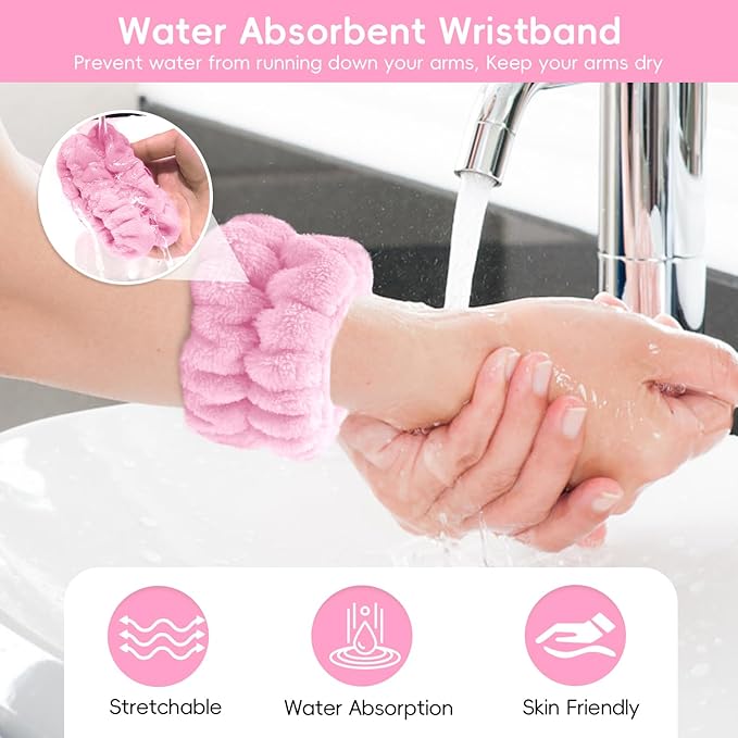 Spa Headband for Washing Face, Skincare headband and wristband set, Facial Cleansing Brush, 2-in-1 Skin Care face Brush, Come with a Hair Scrunchie, For Massaging Makeup Skincare -Pink