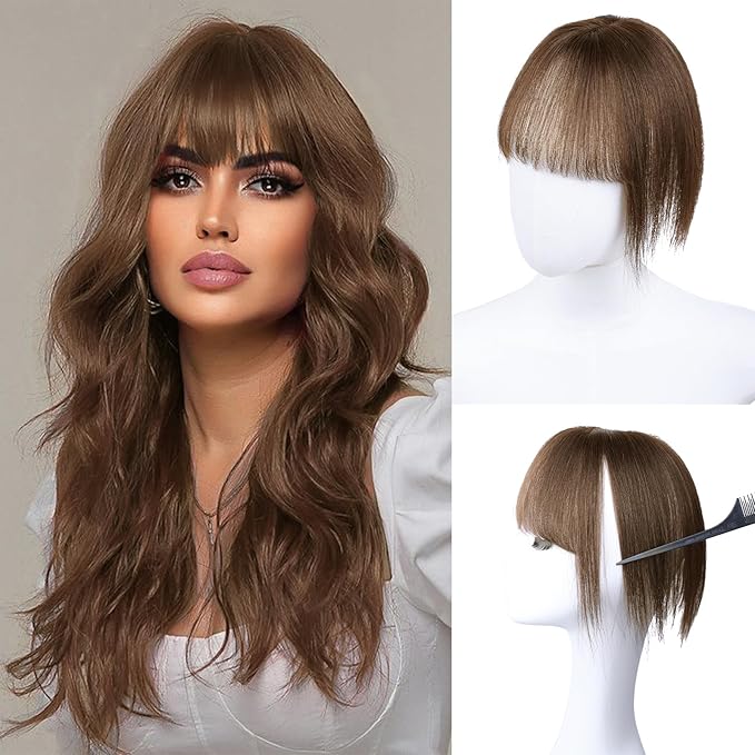 VERNA Hair Toppers for Women Real Human Hair 360°3D Cover Bangs Hair Clip,100% Real Human Medium Brown Clip in Bangs,Hairpieces for Daily Wear(5 * 9.5)