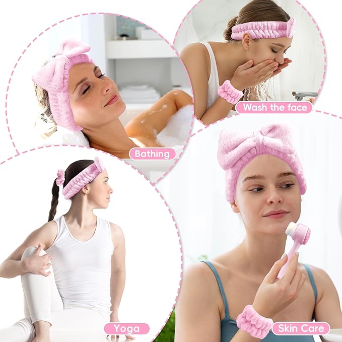 Spa Headband for Washing Face, Skincare headband and wristband set, Facial Cleansing Brush, 2-in-1 Skin Care face Brush, Come with a Hair Scrunchie, For Massaging Makeup Skincare -Pink