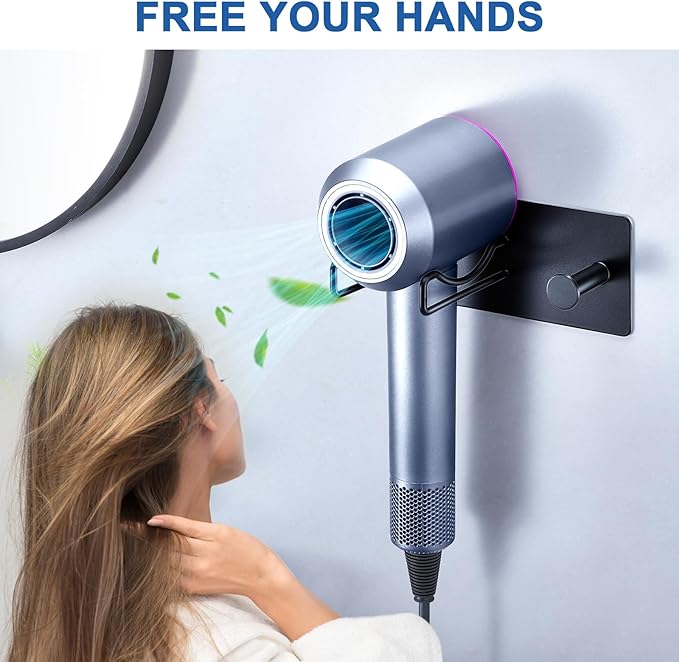 Hair Dryer Holder Wall Mounted, Universal Blow Dryer Holder, Hairdryer Storage Hanger with Plug&Cord Hook, Adhesive Hair Tool Organizer for Bathroom, Black