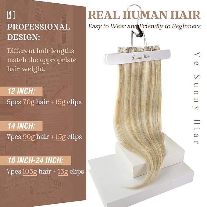 Ve Sunny Clip in Hair Extensions Real Human Hair Dark Blonde Highlights Golden Blonde Human Hair Clip in Extensions Real Human Hair Extensions for Women Thick Hair 7pcs 100g 14 inch