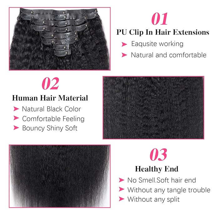 Seamless Kinky Straight Clip In Hair Extensions Invisible PU Weft Kinky Straight Clip Ins Human Hair Extensions 8pcs with 18Clips Per Set 120g(22inch,Natural Black)
