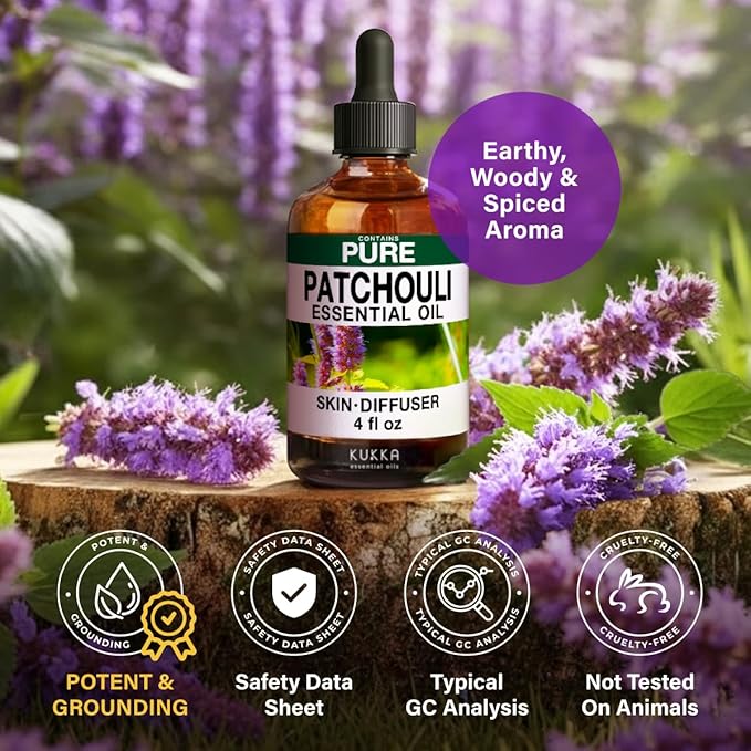 KUKKA Patchouli Essential Oils - 4 Fl Oz - for Hair, Skin, Diffuser, Aromatherapy & DIY Soap Making Scent
