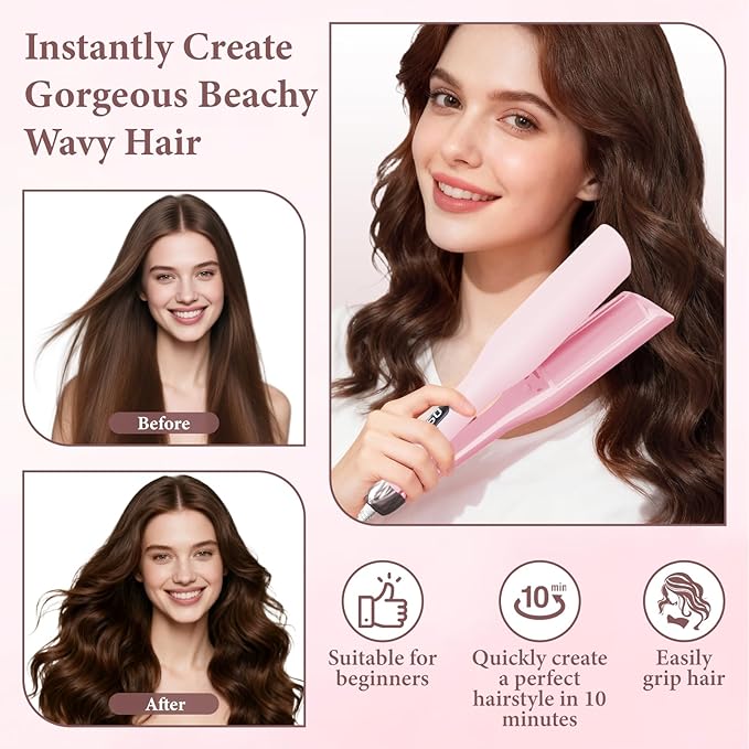Hair Waver Hair Crimper for Women, Hair Crimper Tool Curling Iron Waver for Natural Waves and Soft Beach Hair Wave Curling Iron with 30S Fast Heating & PTC Heater 110-220V, Pink