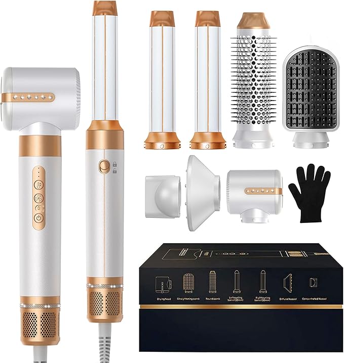 7 in ONE Hair Dryer Brush, Powerful Blow Dryer Brush with Air Curler for Hair, Brush Blow Dryer with Diffuser, Ionic Hot Air Brush Fast Dry, Volumize, Curls, Straight, Hair Styling Tools 100-120V