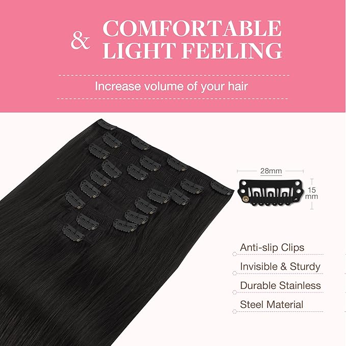 GOO GOO Clip in Hair Extensions Real Human Hair, Remy Human Hair Extensions Clip ins for Women, Natural Human Hair, 18inch 150g 9Pcs, 1B Natural black