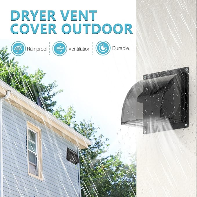 4 Inch Dryer Vent Cover Outside, HG Power Metal Exterior Vent Cover with Removable Screen & Cushioned Non-Return Flap, Air Wall Vent for House, Range Hood, AC, Opening Diameter: 3.81" Black