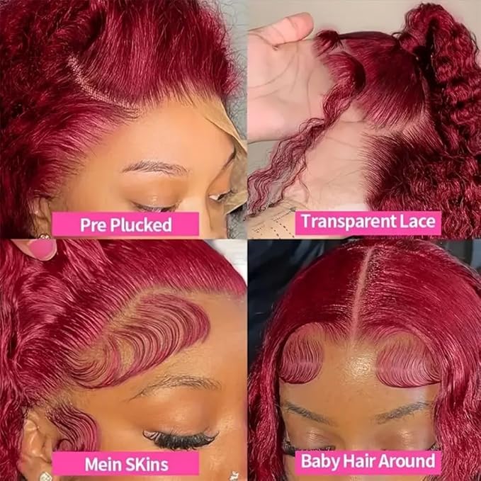 40 Inch 99J Burgundy Lace Front Wigs Human Hair Red Burgundy Wig 200% Density 13x6 Deep Wave Lace Front Wigs Human Hair Pre Plucked Glueless HD Lace Frontal Wigs for Women