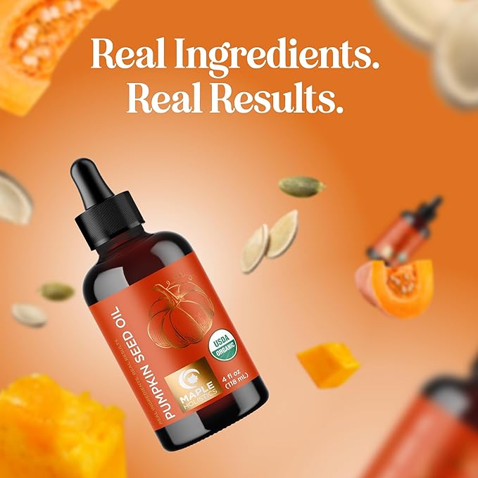 Maple Holistics Pumpkin Seed Oil Organic Certified - 100% Pure Organic Pumpkin Seed Oil for Hair and Anti Aging Face Oil - USDA Organic for Dry Hair and Volume - Virgin Cold Pressed & Unrefined (4oz)