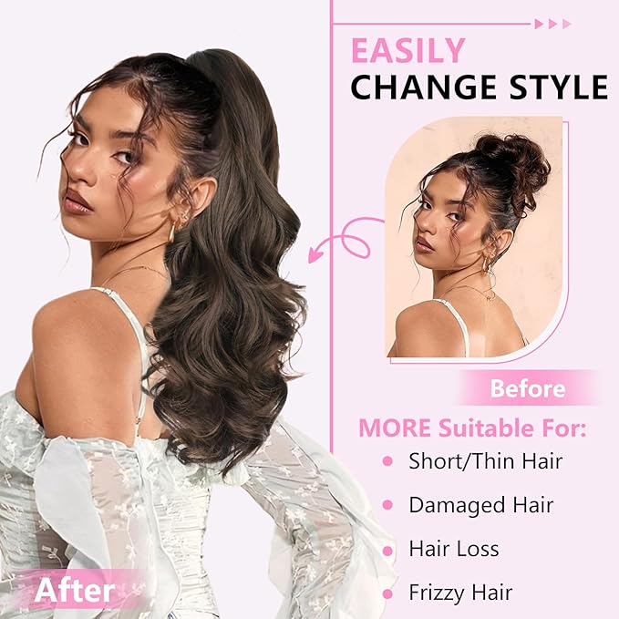 ALXNAN Claw Long Wavy Ponytail Extension,18 Inch Curly Pony Tail Clip in Hair Extensions for Women,Dark Chocolate Brown Clip on Pony Tails Hair Extensions