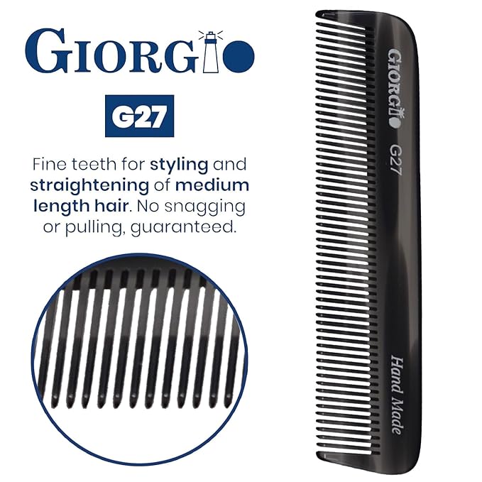 Giorgio G27 Handmade All Fine Tooth Pocket Comb, Hair Comb Straightener for Everyday Grooming Styling Hair, Mustache and Beard for Men Women and Kids, Saw Cut and Polished Black Graphite