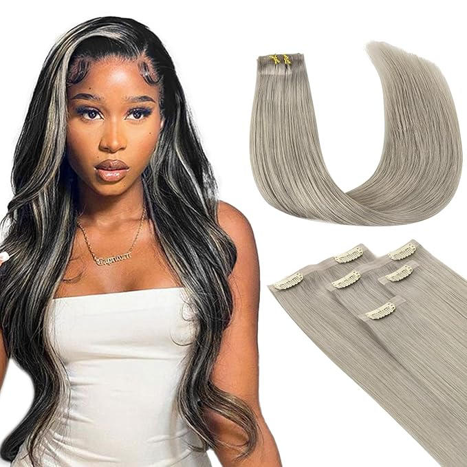 Lashey Seamless Clip in Hair Extensions Human Hair 4pcs 48g Grey Straight Hair Extensions Clip ins for Black Women 20 Inch Long