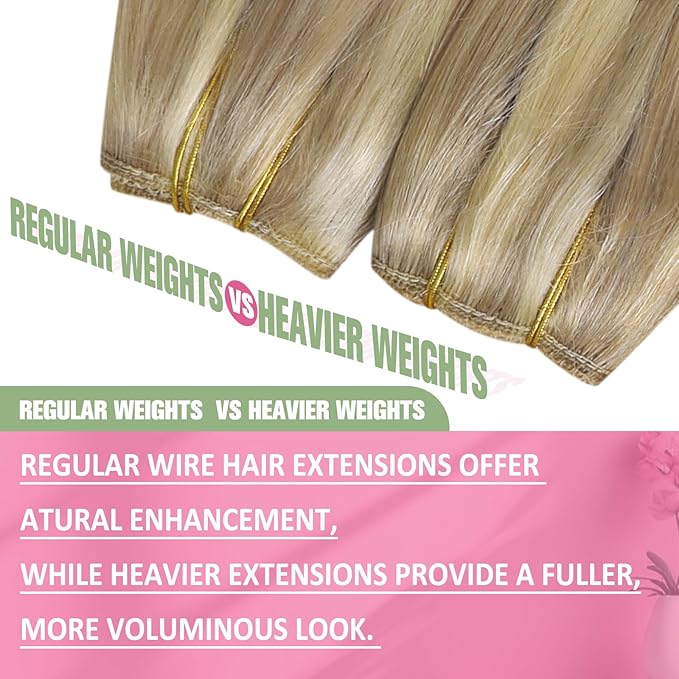 YoungSee Wire Human Hair Extensions Golden Blonde Wire Hair Extensions Real Human Hair Light Blonde Highlights Golden Blond Fish Line Hair Extension Soft Hair 80G 18In