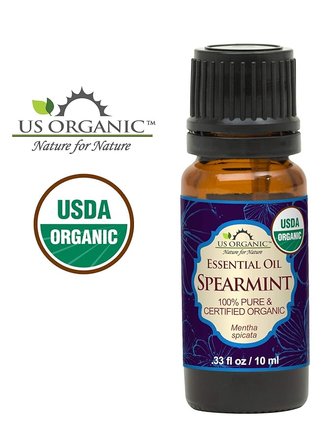 US Organic 100% Pure Spearmint Essential Oil - USDA Certified Organic, Steam Distilled - W/Euro droppers (More Size Variations Available) (10 ml / .33 fl oz)